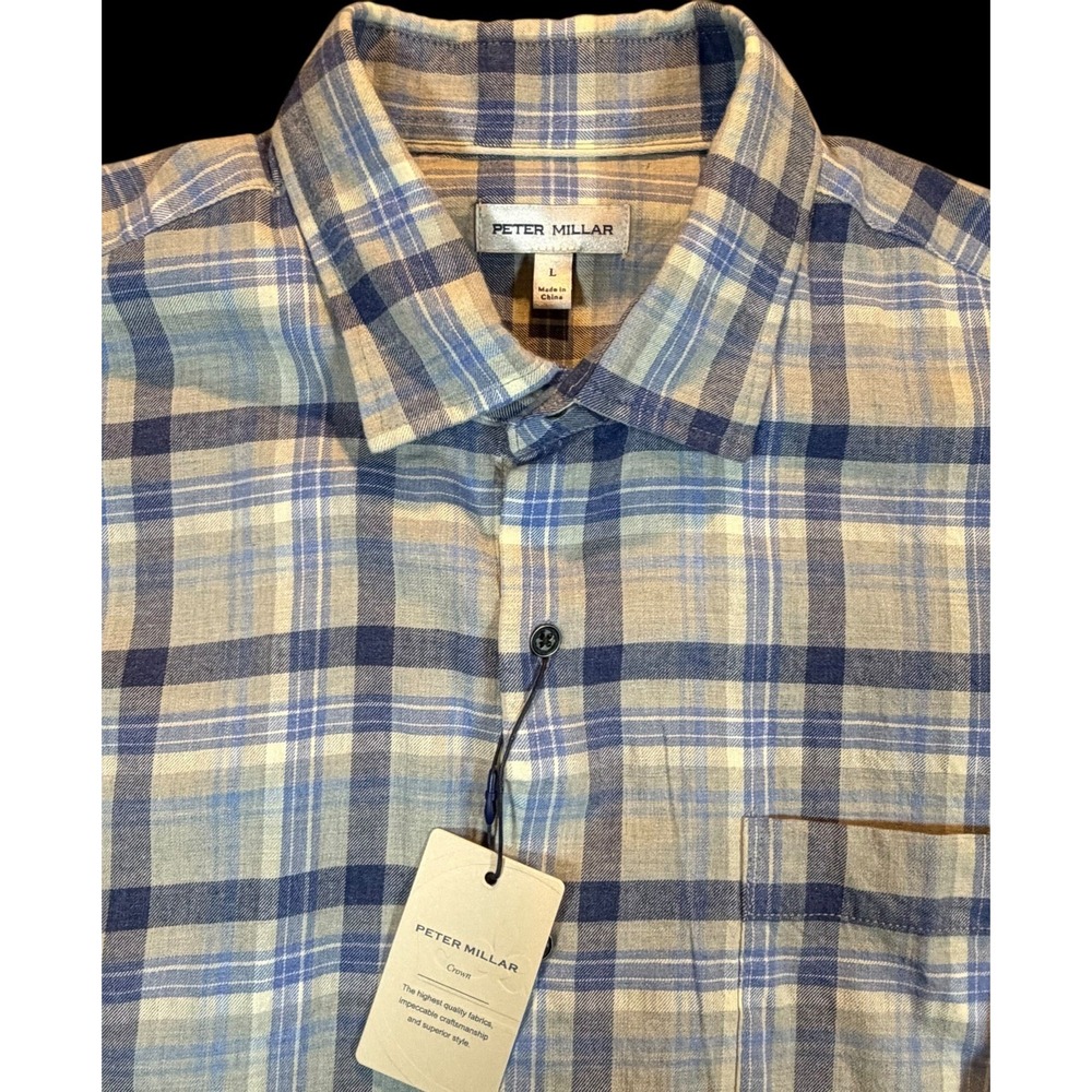 Peter Millar Crown Men's Sherbrooke Cotton Shirt British Grey/Blue Plaid Large